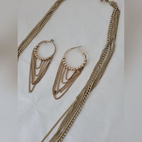Necklace And Earring Set Gold Chain Dangle Chandelier Glam Elegant Minimalist - Picture 3 of 5